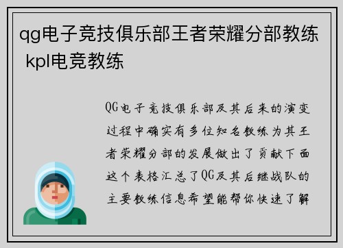 qg电子竞技俱乐部王者荣耀分部教练 kpl电竞教练
