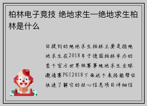 柏林电子竞技 绝地求生—绝地求生柏林是什么